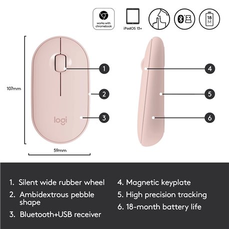 Pebble M350 Modern, Slim, and Silent Wireless and Bluetooth Mouse Rose