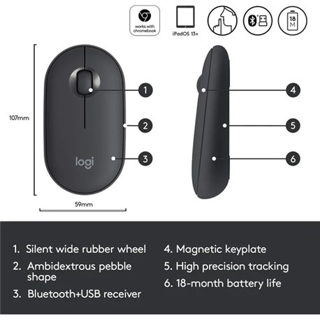 Pebble M350 Modern, Slim, and Silent Wireless and Bluetooth Mouse Graphite